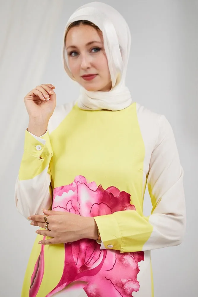 Fatina Elegant Satin Floral Maxi Dress with Side Panel Details