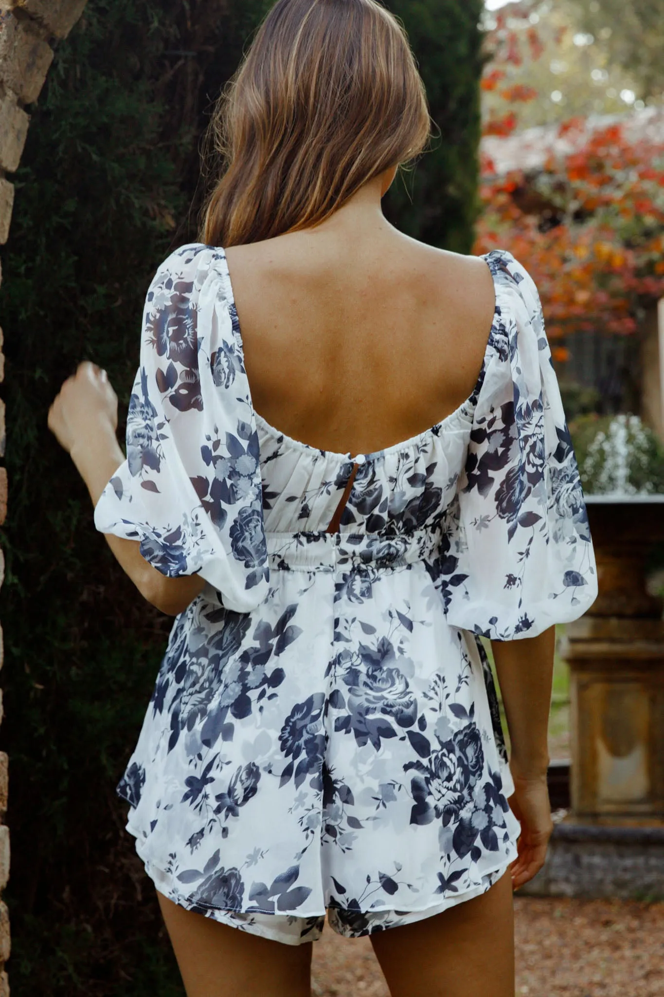First Light Puff Sleeve Elasticated Waist Romper Floral Print Ink