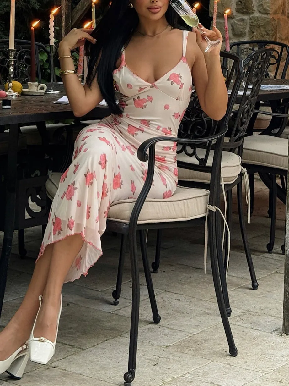 Flytonn- Rose Floral Sweetheart Neckline Midi Dress