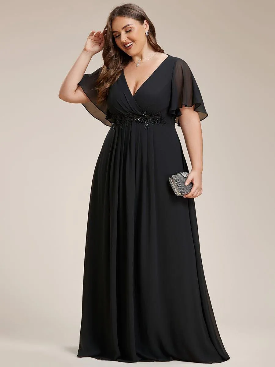 Gentle Iris | Plus Size Floral Applique Short Sleeve A-Line Chiffon Formal Evening Dress