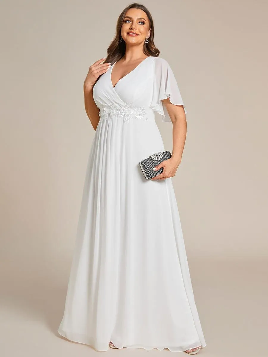 Gentle Iris | Plus Size Floral Applique Short Sleeve A-Line Chiffon Formal Evening Dress