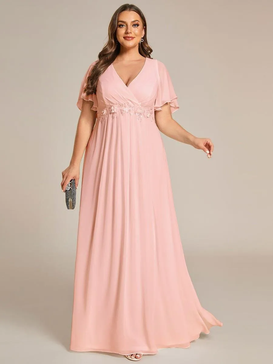 Gentle Iris | Plus Size Floral Applique Short Sleeve A-Line Chiffon Formal Evening Dress
