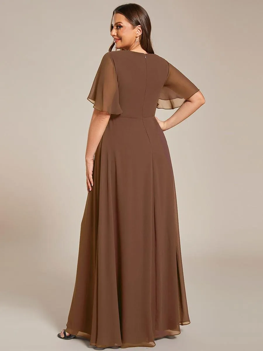 Gentle Iris | Plus Size Floral Applique Short Sleeve A-Line Chiffon Formal Evening Dress