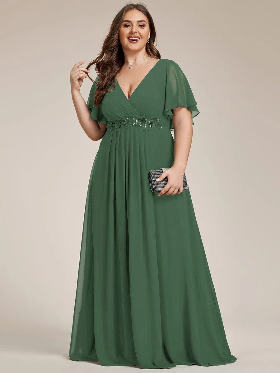 Gentle Iris | Plus Size Floral Applique Short Sleeve A-Line Chiffon Formal Evening Dress