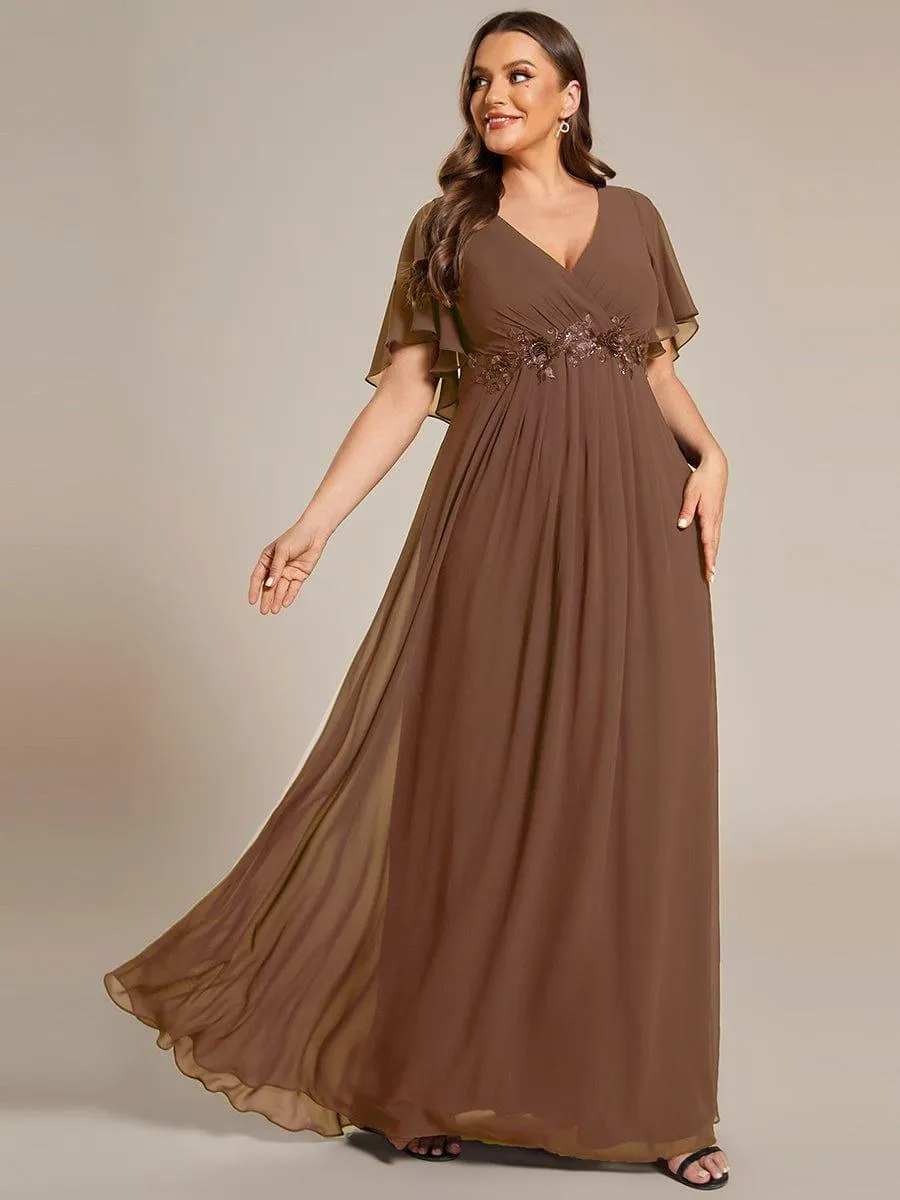 Gentle Iris | Plus Size Floral Applique Short Sleeve A-Line Chiffon Formal Evening Dress