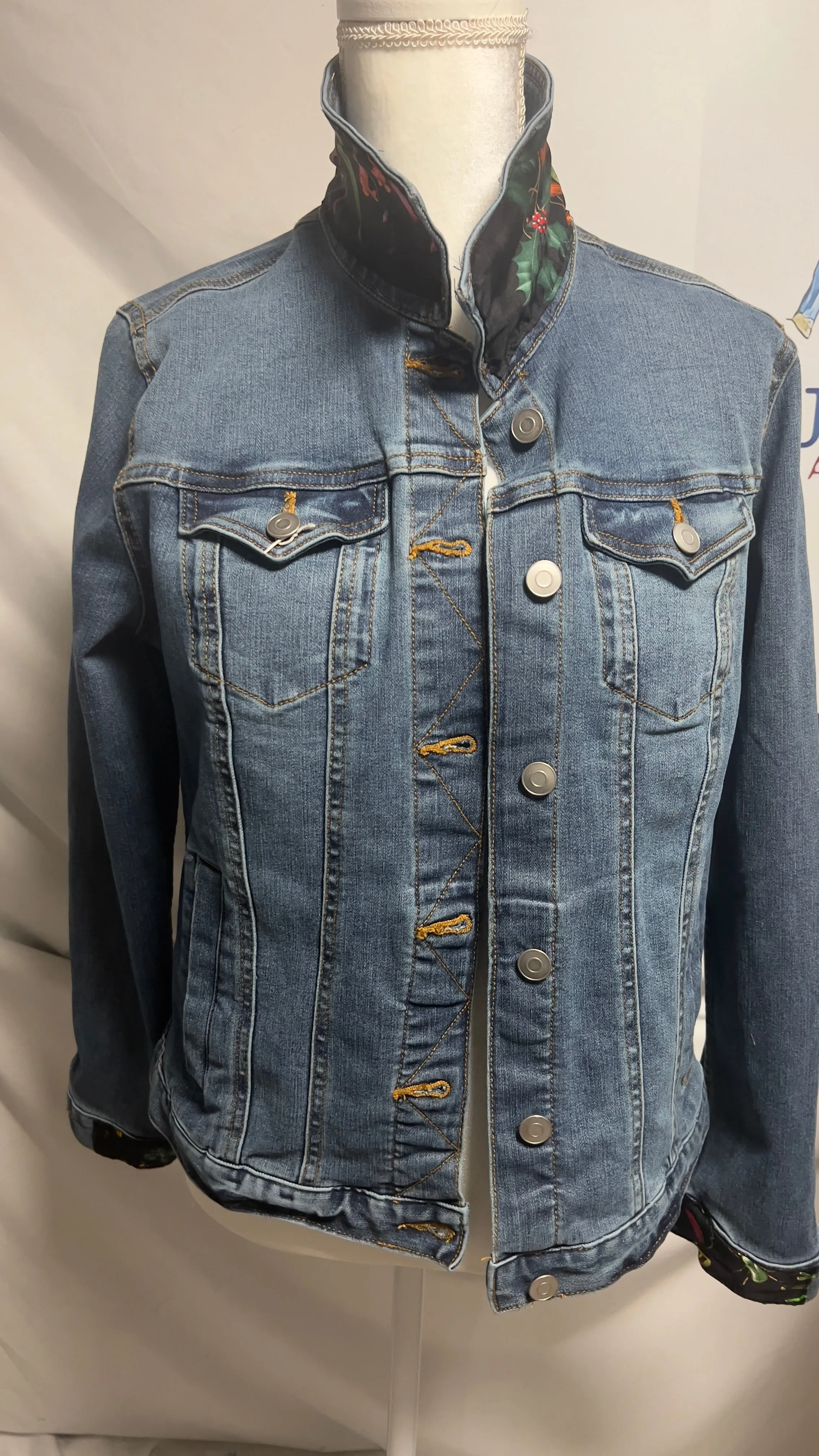GG Designer Botanical Black Scarf on Blue Denim Jacket