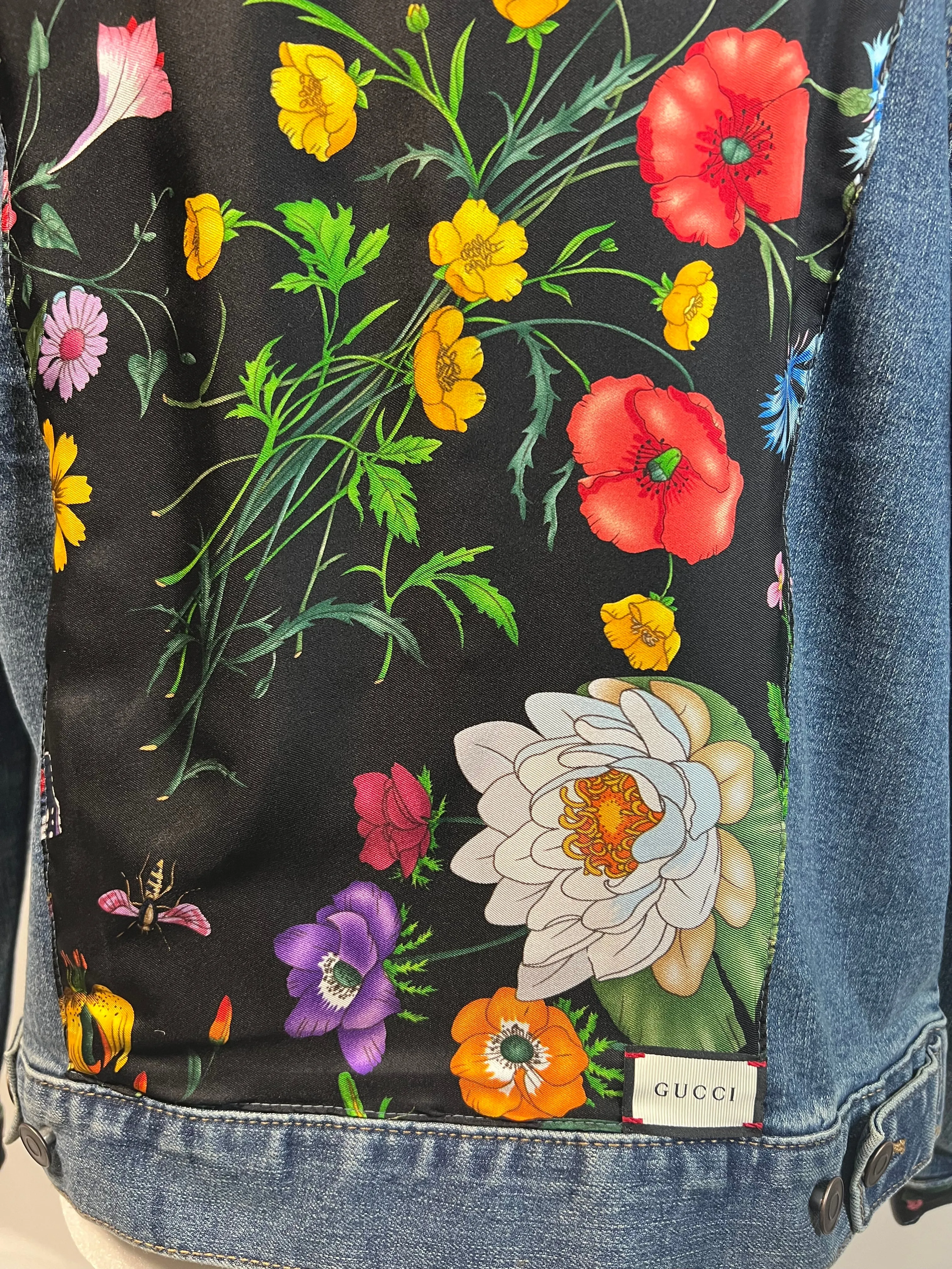 GG Designer Botanical Black Scarf on Blue Denim Jacket