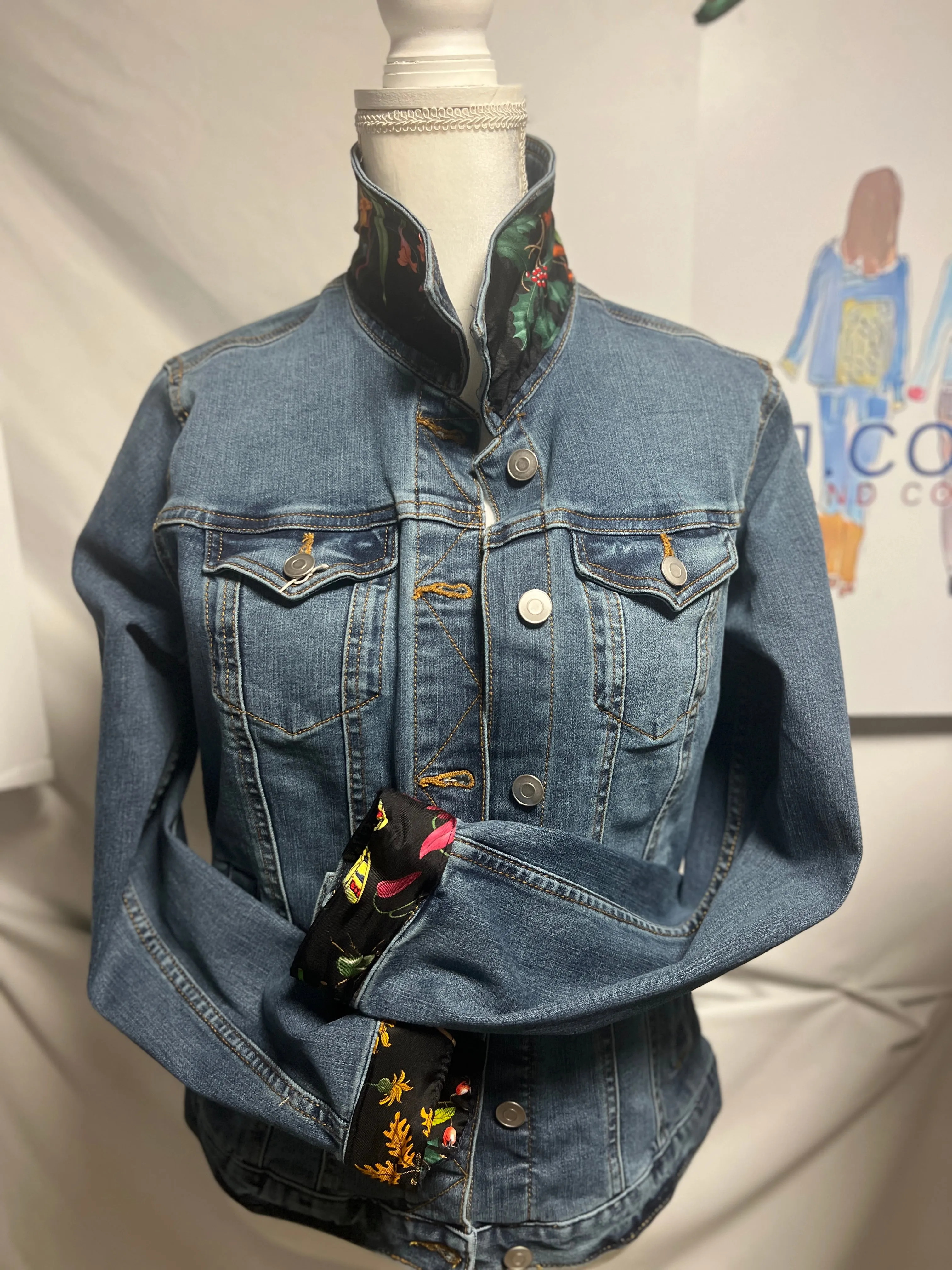 GG Designer Botanical Black Scarf on Blue Denim Jacket