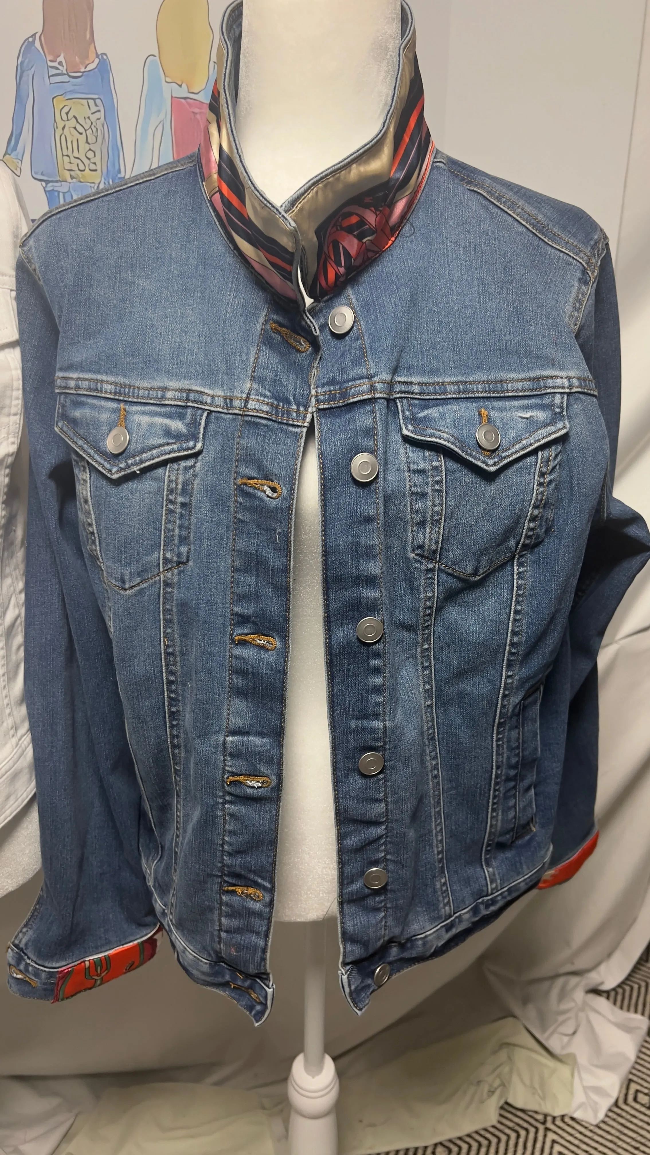 GG Designer Botanical Black Scarf on Blue Denim Jacket