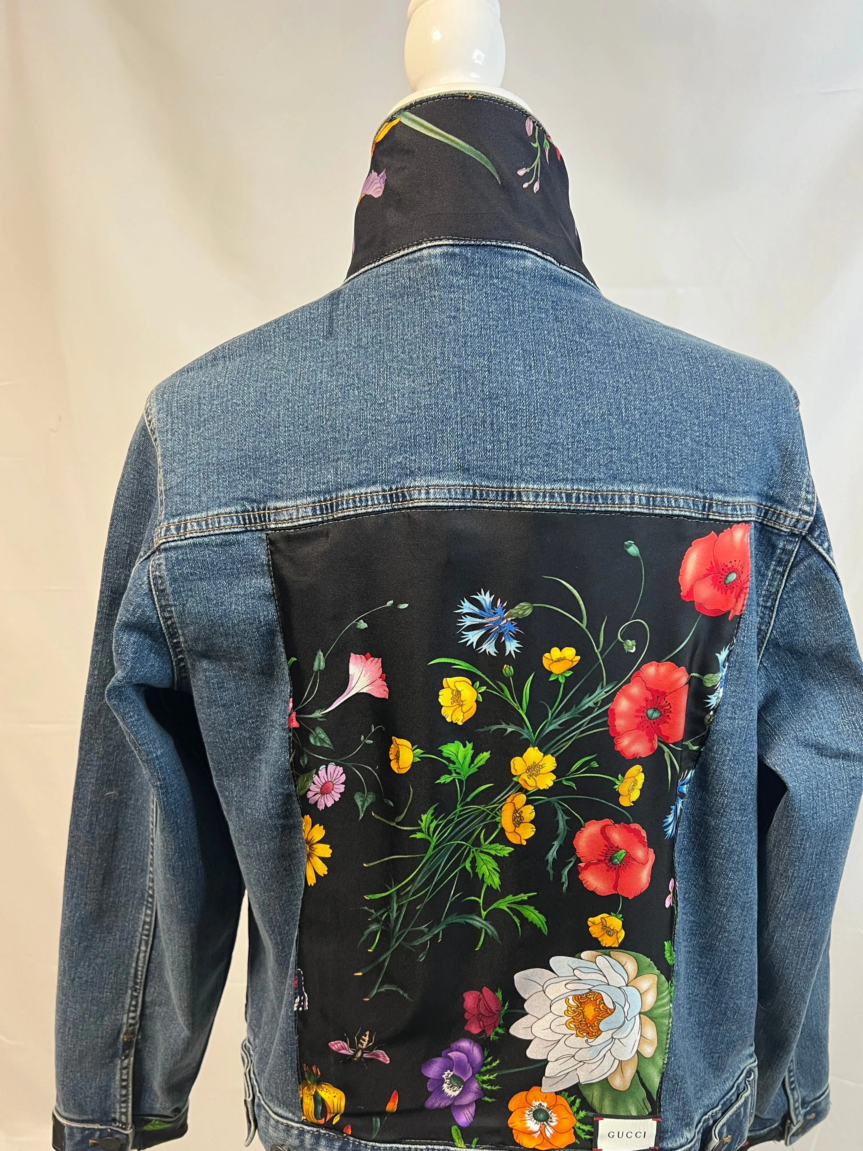 GG Designer Botanical Black Scarf on Blue Denim Jacket
