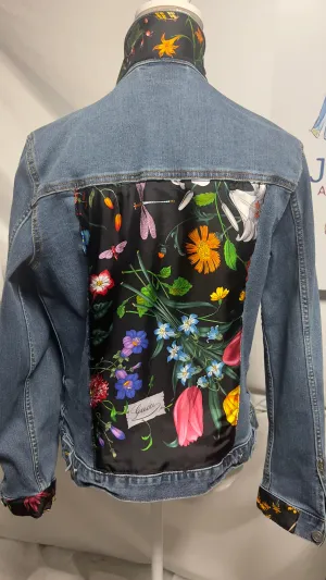 GG Designer Botanical Black Scarf on Blue Denim Jacket