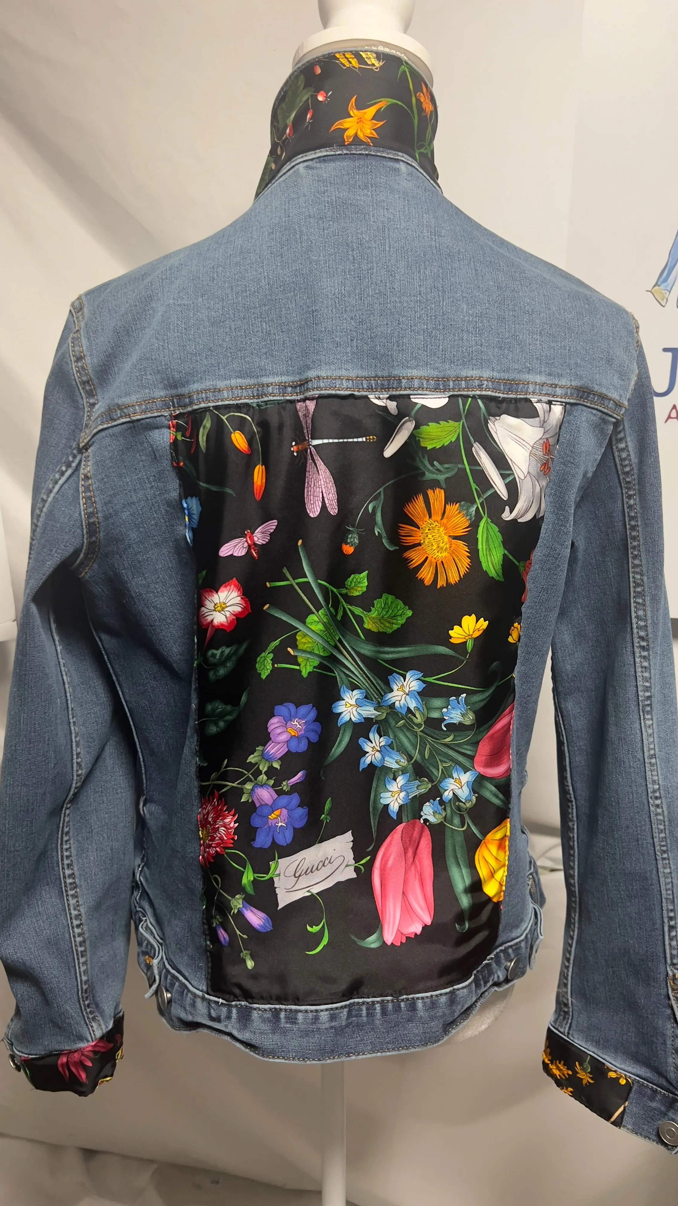 GG Designer Botanical Black Scarf on Blue Denim Jacket