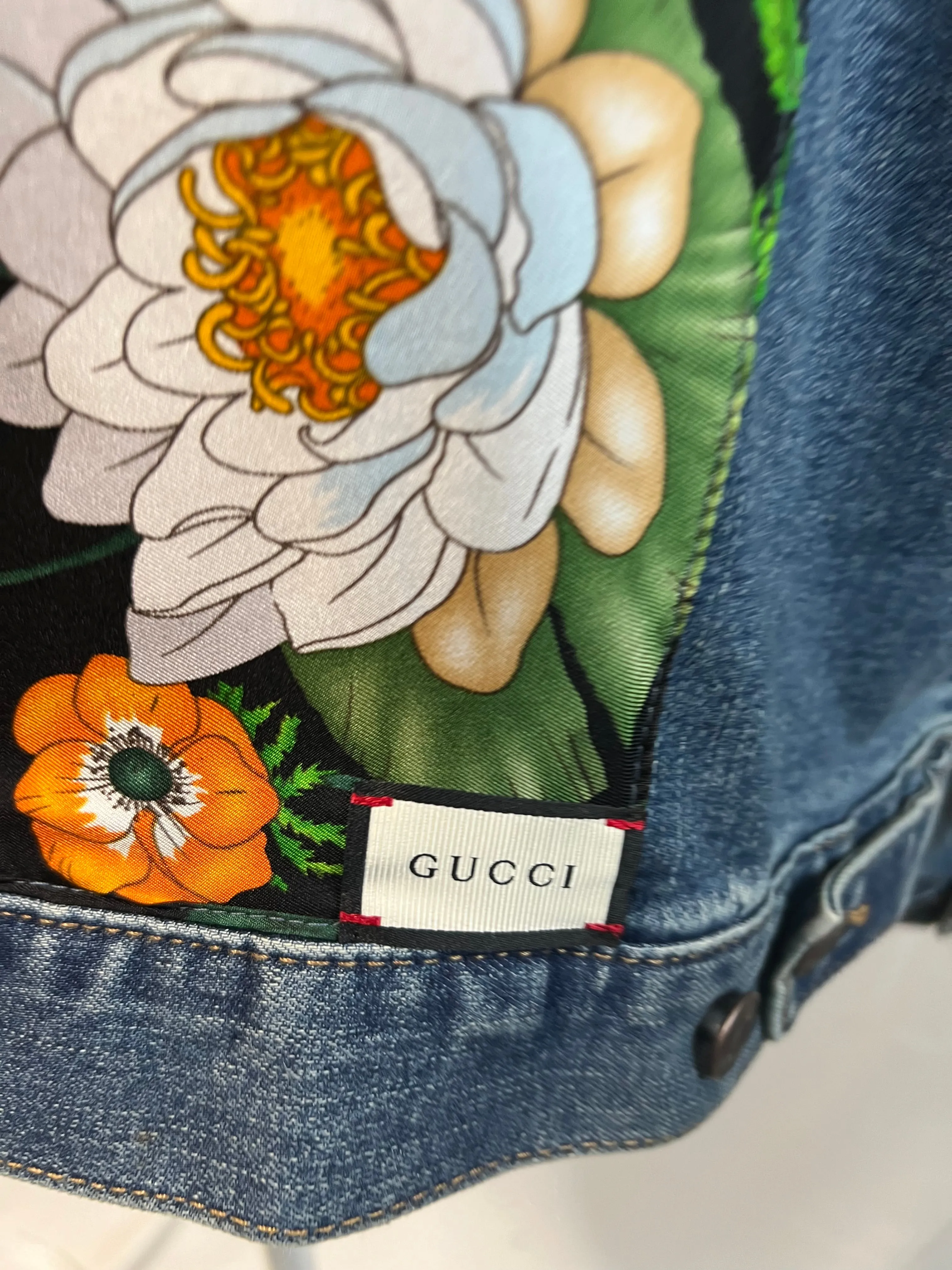 GG Designer Botanical Black Scarf on Blue Denim Jacket