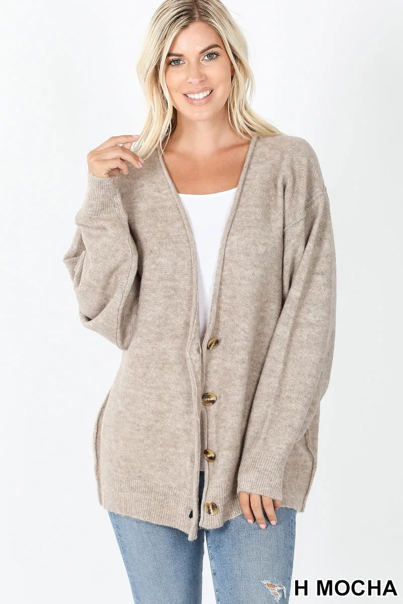 Heathered Fabric Button-Front Cardigan