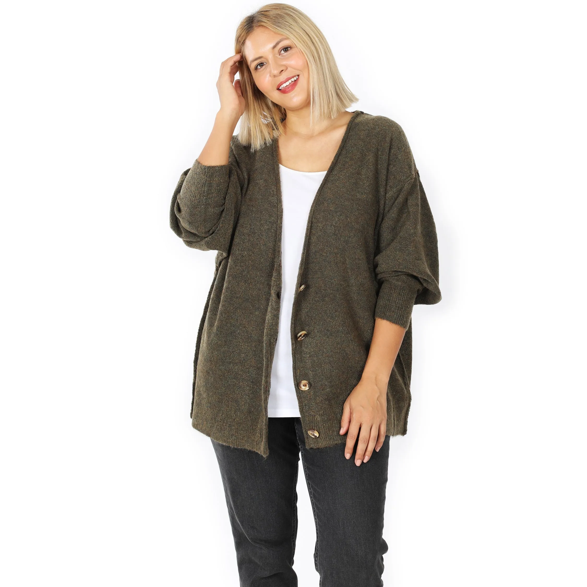 Heathered Fabric Button-Front Cardigan