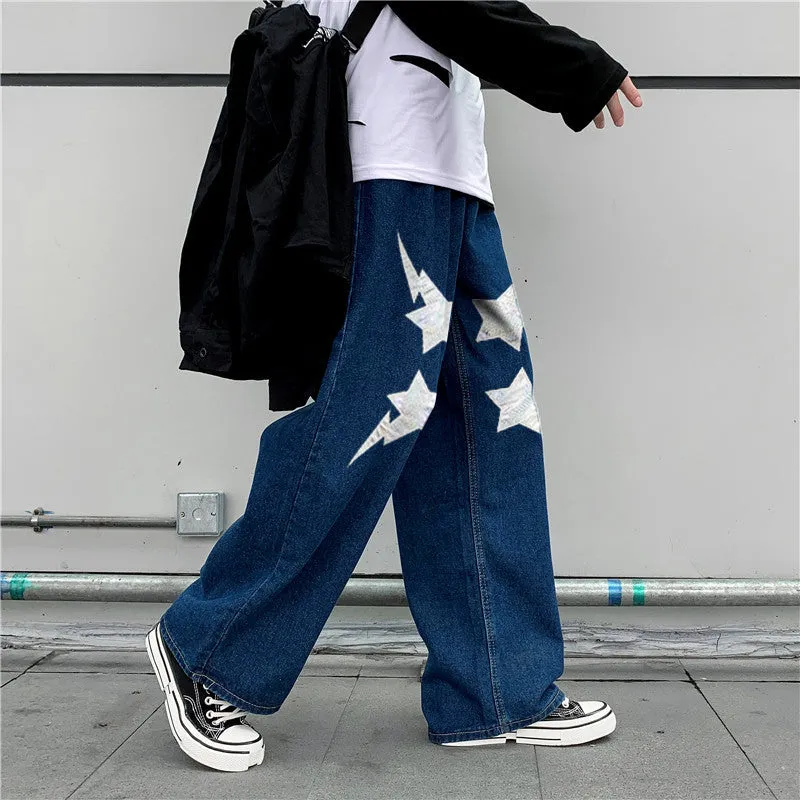 Hip-hop fashion print casual street style denim trousers