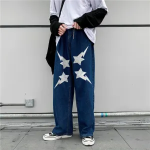 Hip-hop fashion print casual street style denim trousers