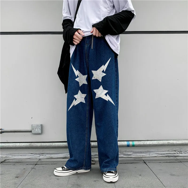 Hip-hop fashion print casual street style denim trousers