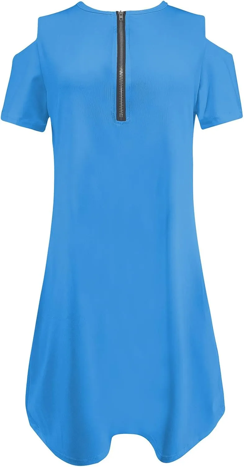 hlysgo Going Out Dress for Women 2025 Summer Cold Shoulder Short Sleeve V Neck Mini Dresses Zipper V Neck Knee Length Dress