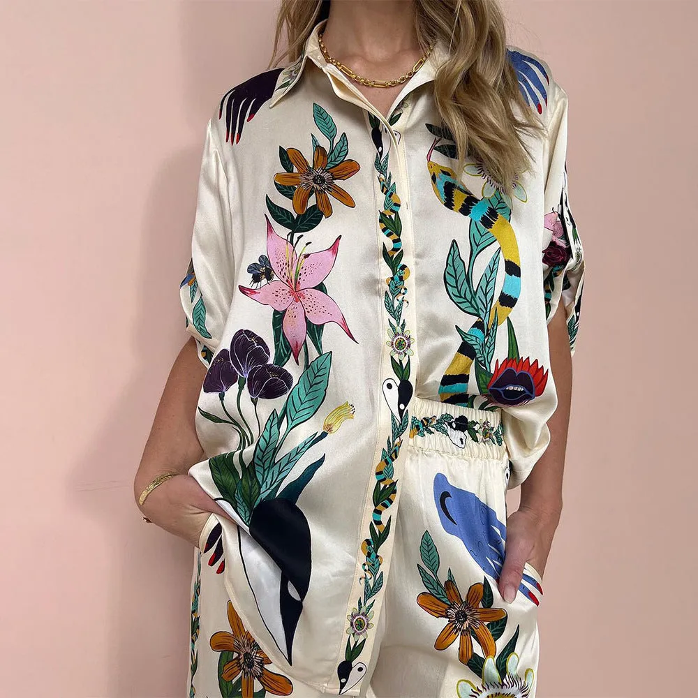 IvyShape | Casual Style Printed Shirt and Loose Pants Set