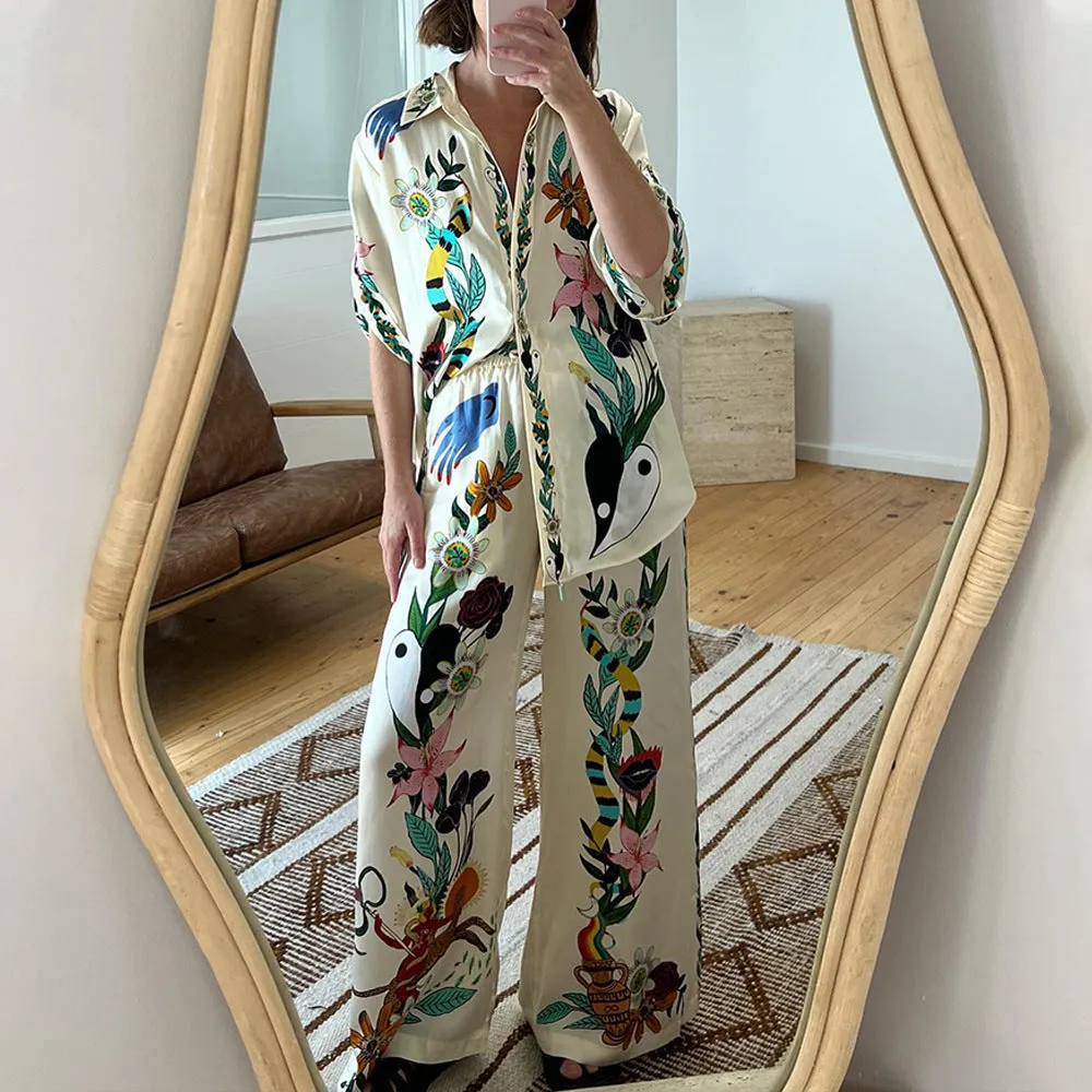 IvyShape | Casual Style Printed Shirt and Loose Pants Set