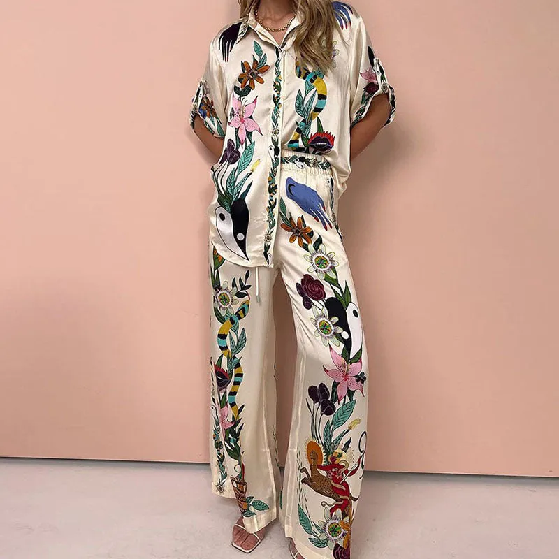IvyShape | Casual Style Printed Shirt and Loose Pants Set