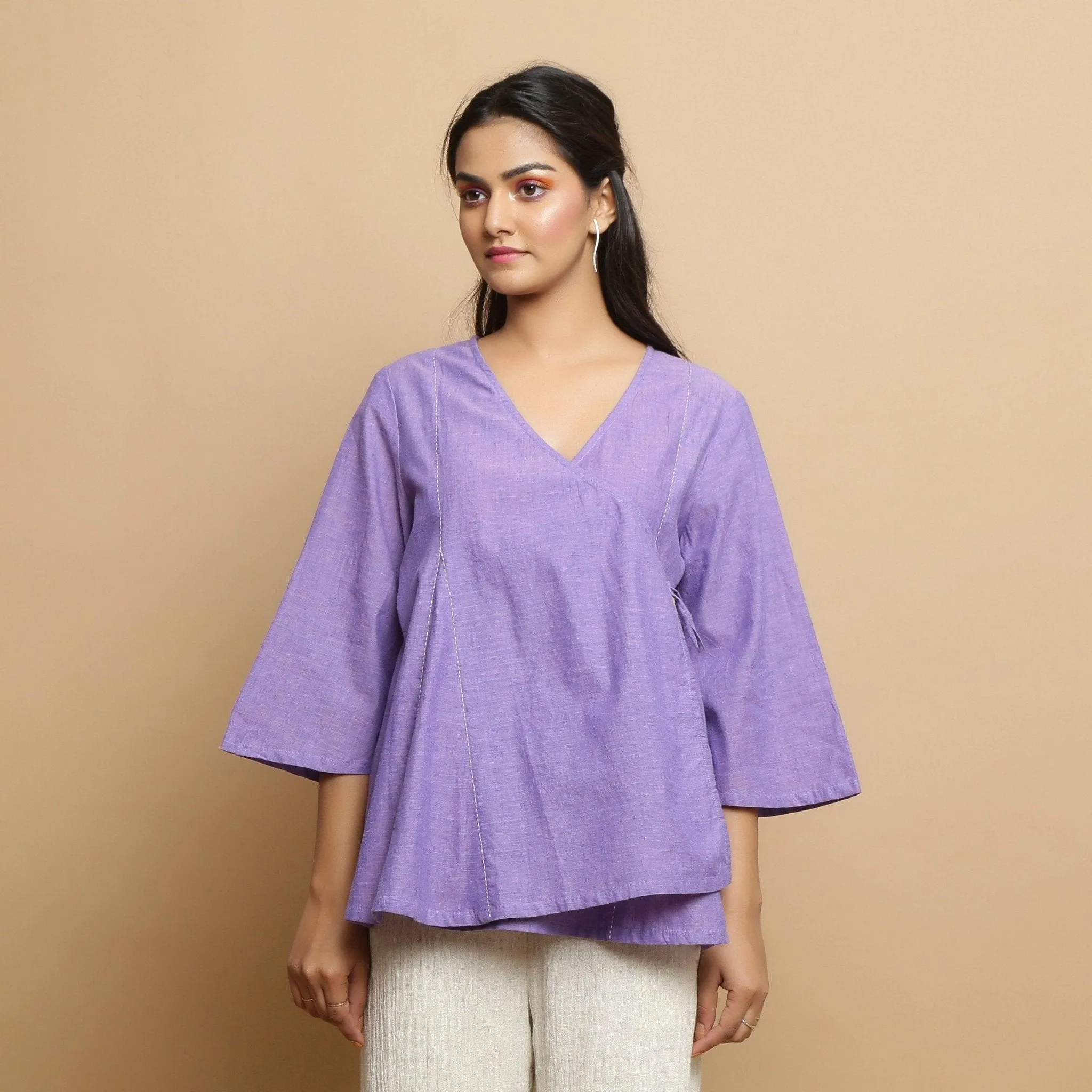 Lavender Mangalgiri Cotton V-Neck Asymmetrical Godet Top