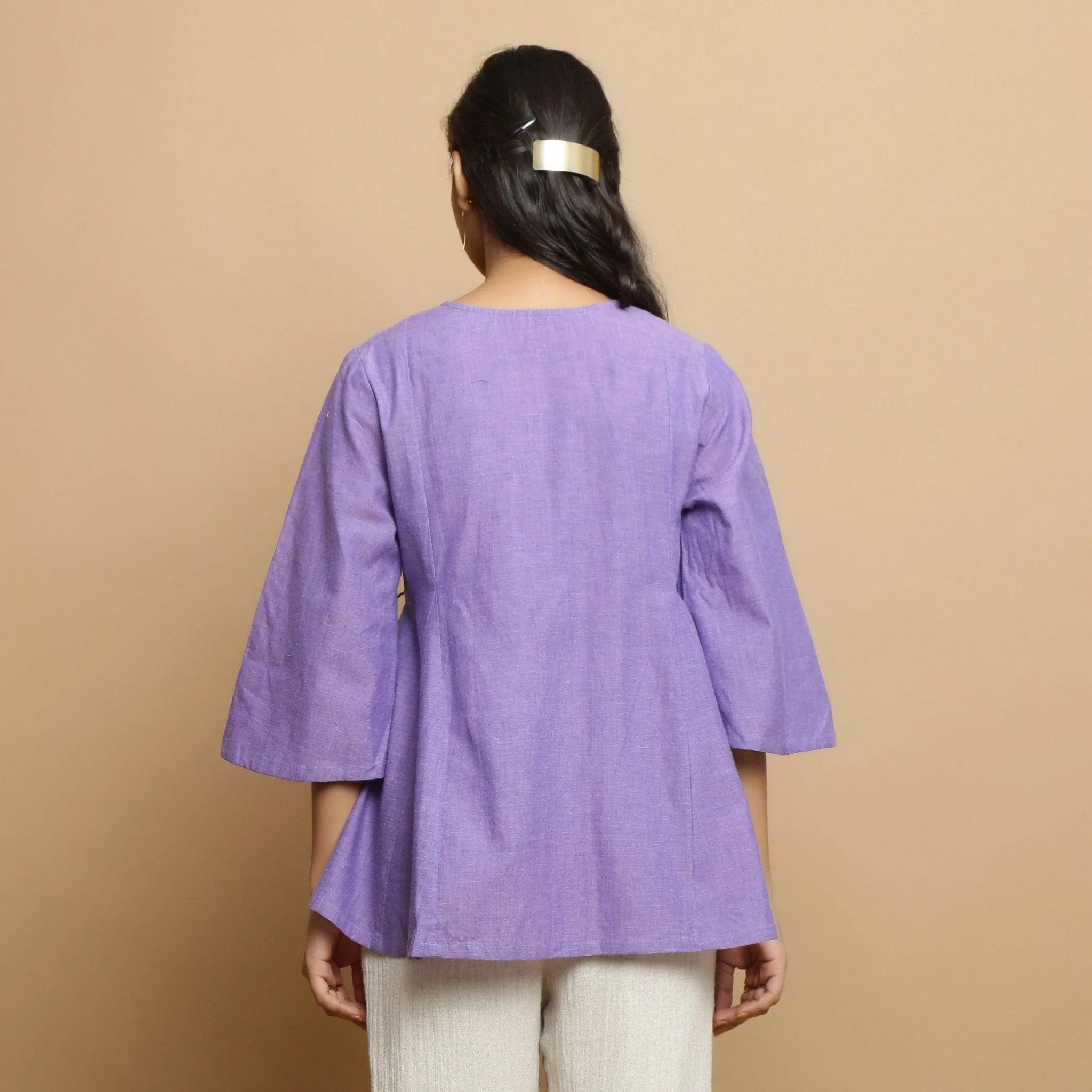 Lavender Mangalgiri Cotton V-Neck Asymmetrical Godet Top