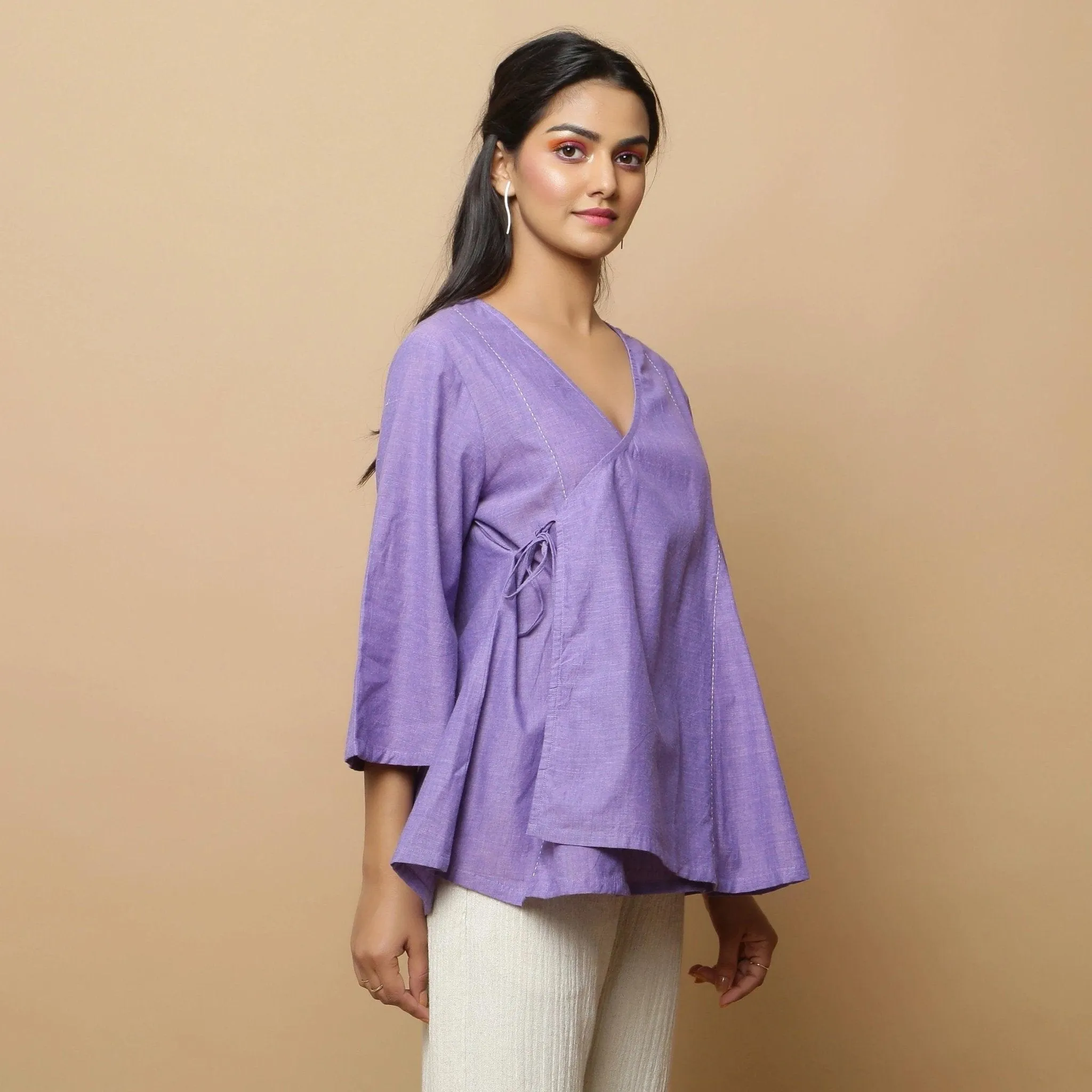Lavender Mangalgiri Cotton V-Neck Asymmetrical Godet Top