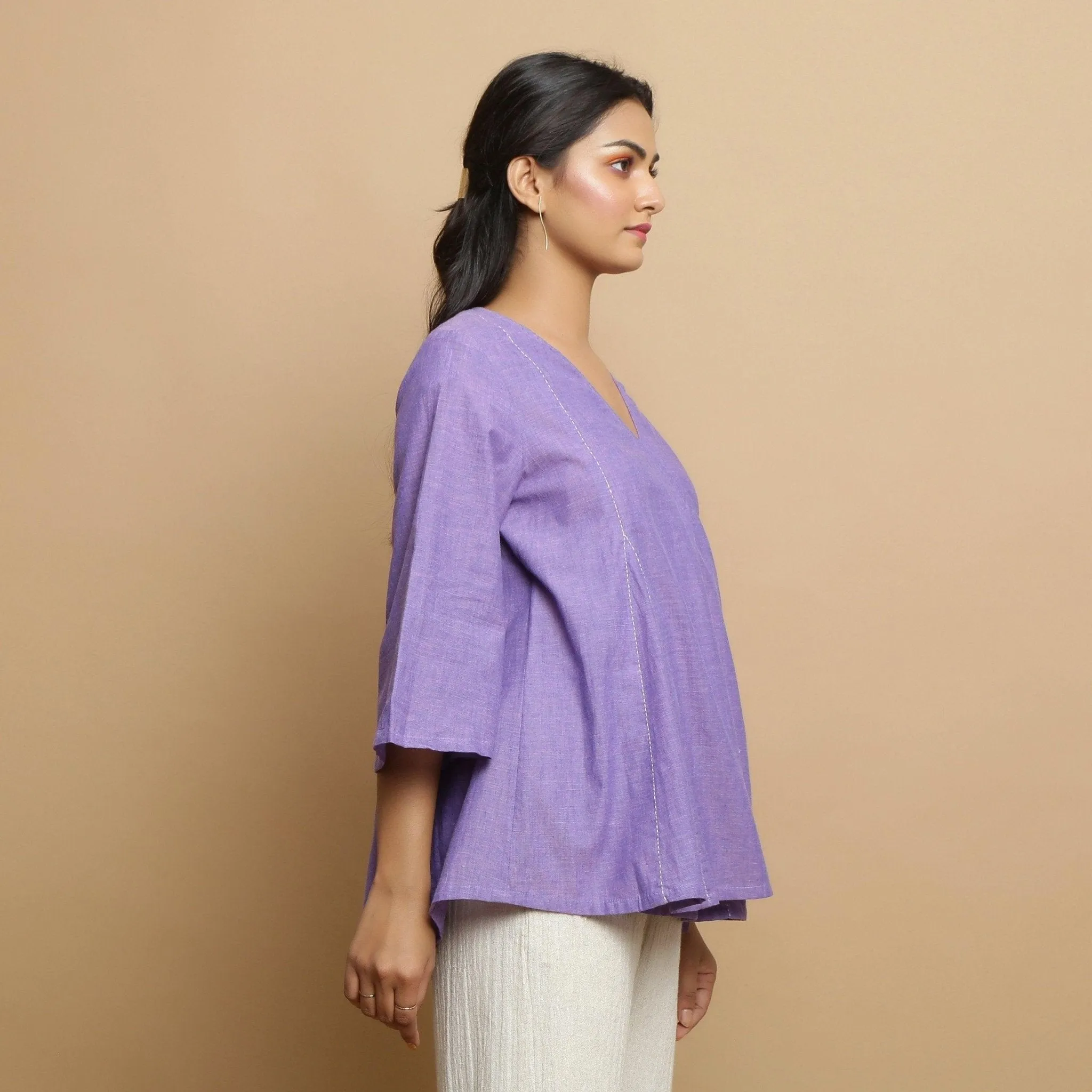 Lavender Mangalgiri Cotton V-Neck Asymmetrical Godet Top