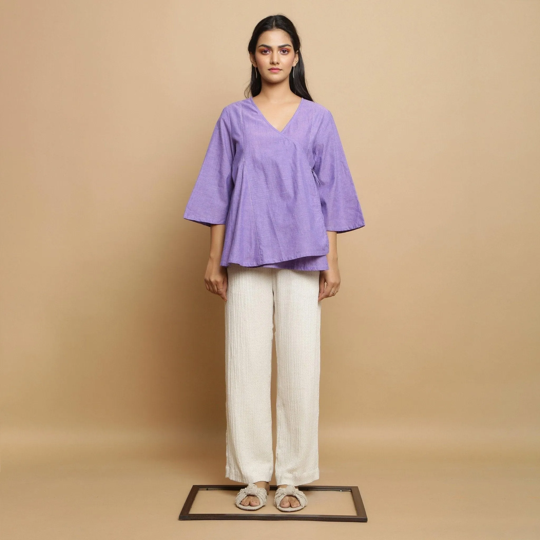 Lavender Mangalgiri Cotton V-Neck Asymmetrical Godet Top
