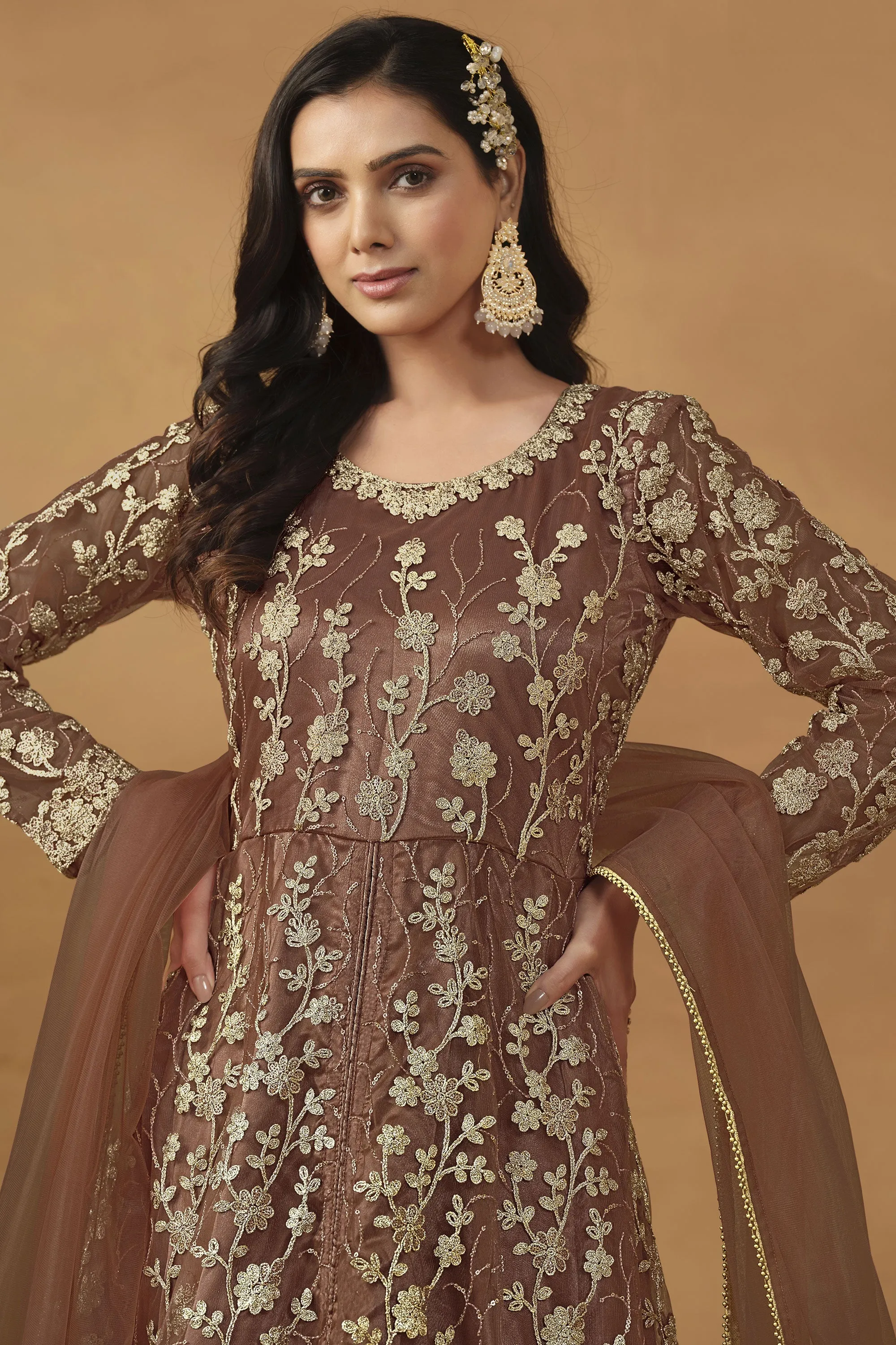 Net Fabric Function Wear Wondrous Anarkali Suit In Brown Color