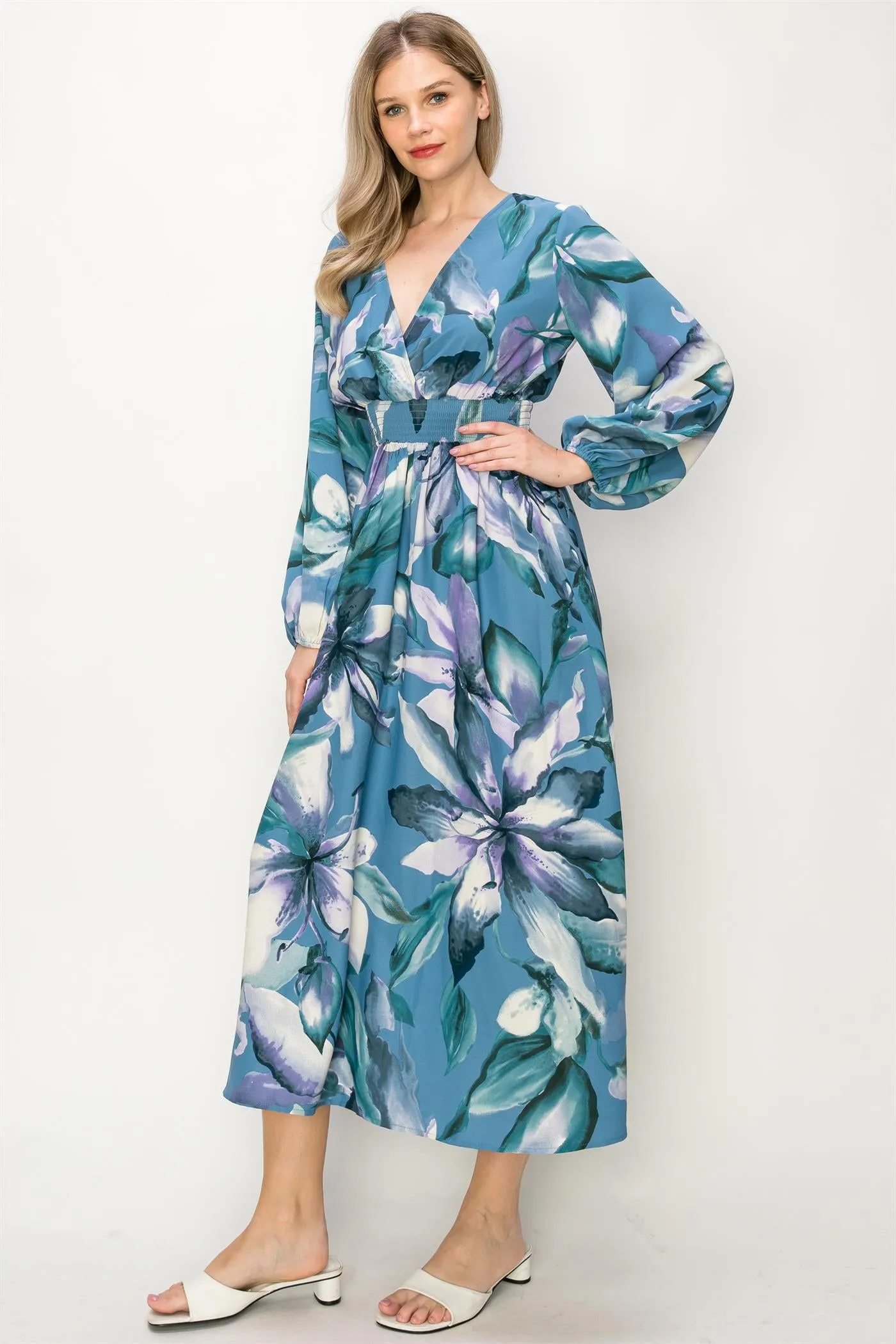 OL24A140-LONG SLEEVE STRETCH WAIST MAXI DRESS