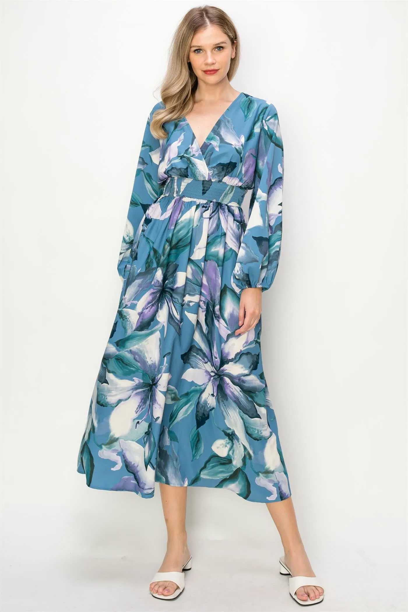 OL24A140-LONG SLEEVE STRETCH WAIST MAXI DRESS