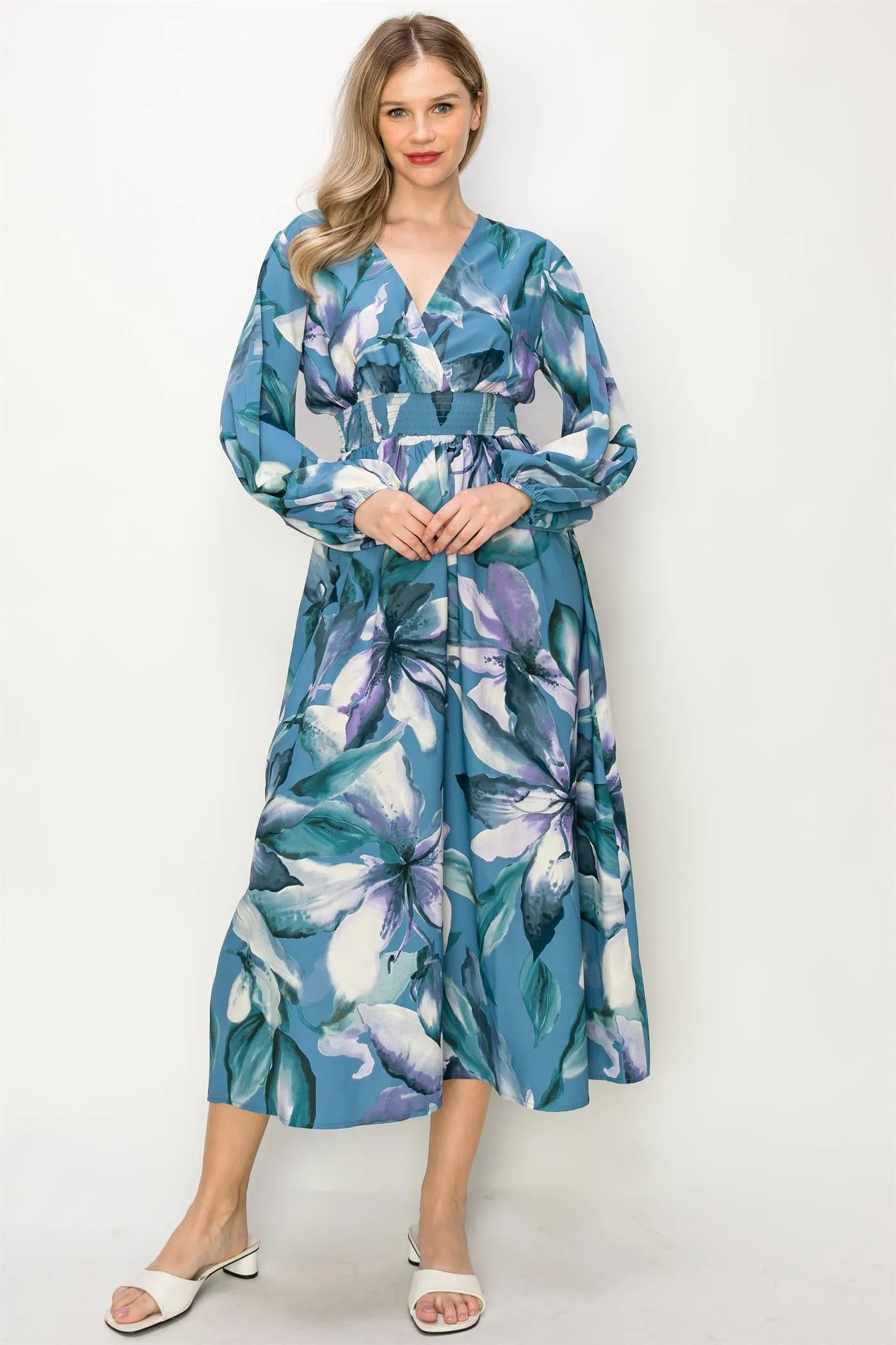 OL24A140-LONG SLEEVE STRETCH WAIST MAXI DRESS