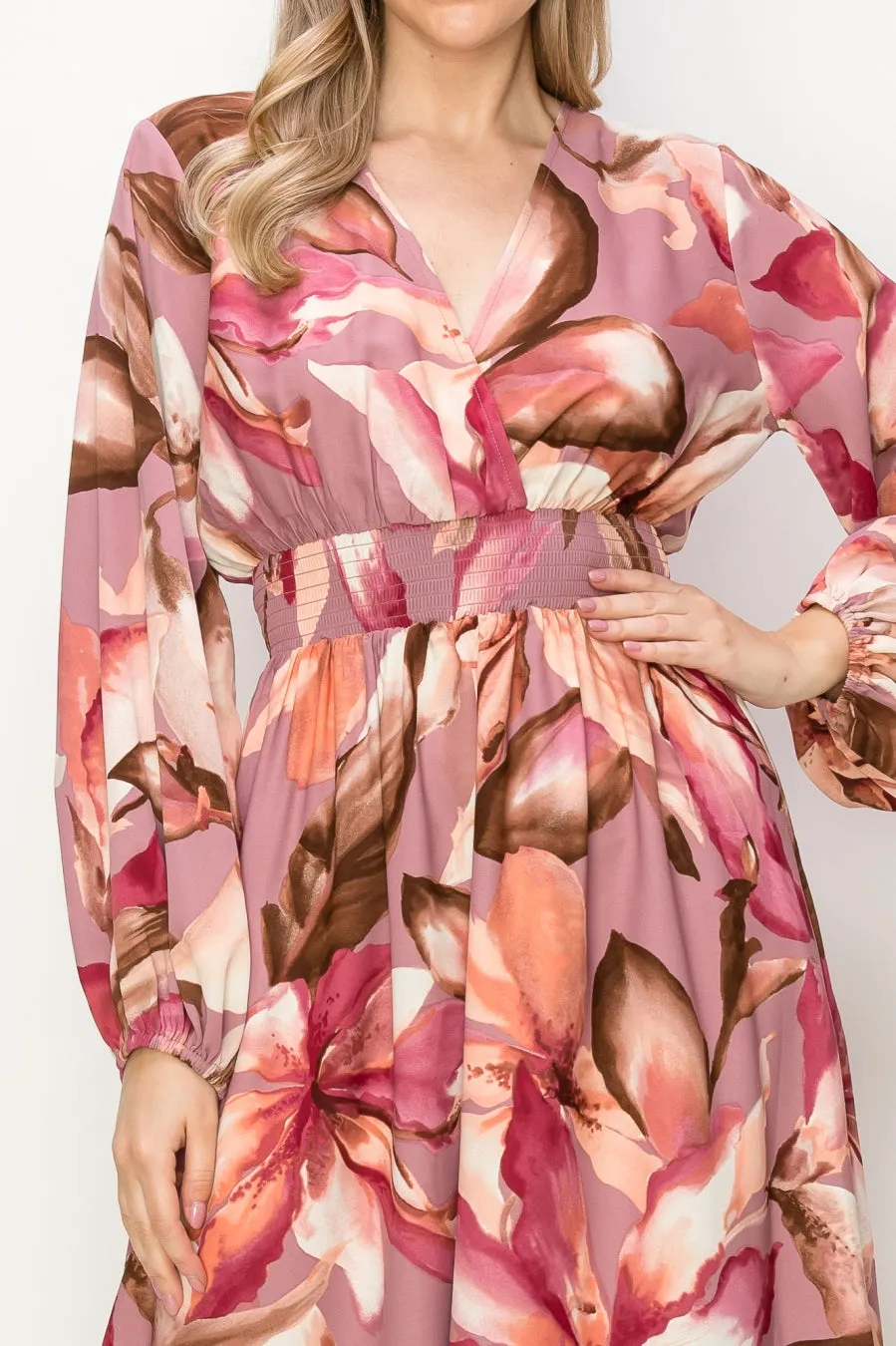 OL24A140-LONG SLEEVE STRETCH WAIST MAXI DRESS