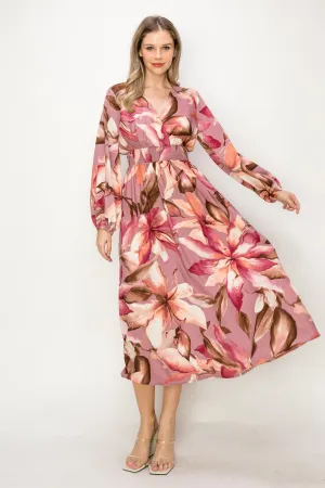 OL24A140-LONG SLEEVE STRETCH WAIST MAXI DRESS