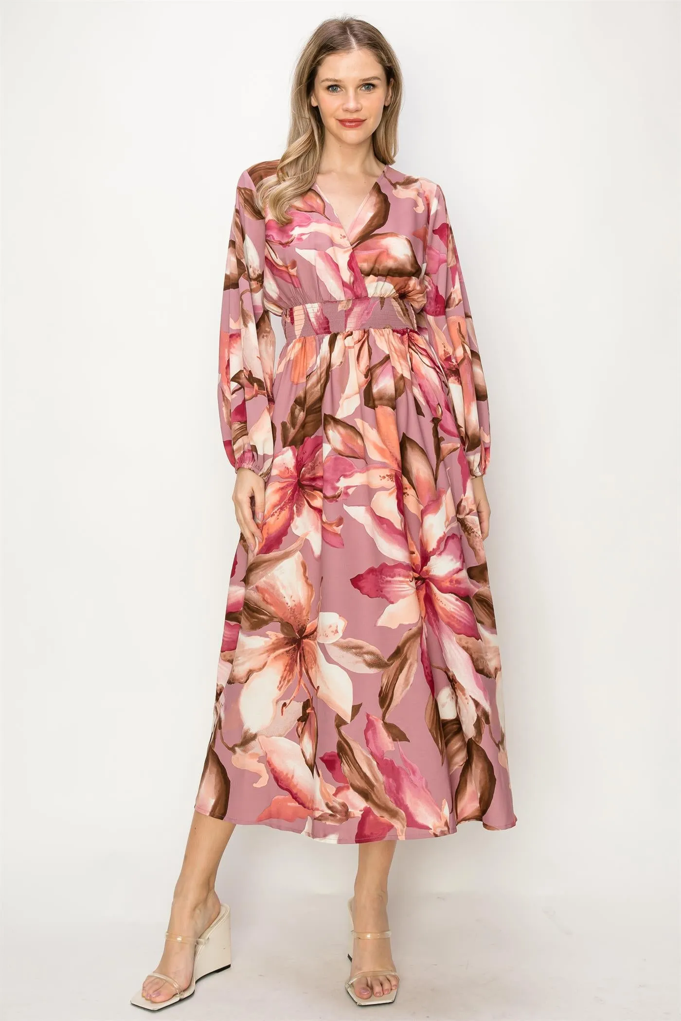 OL24A140-LONG SLEEVE STRETCH WAIST MAXI DRESS