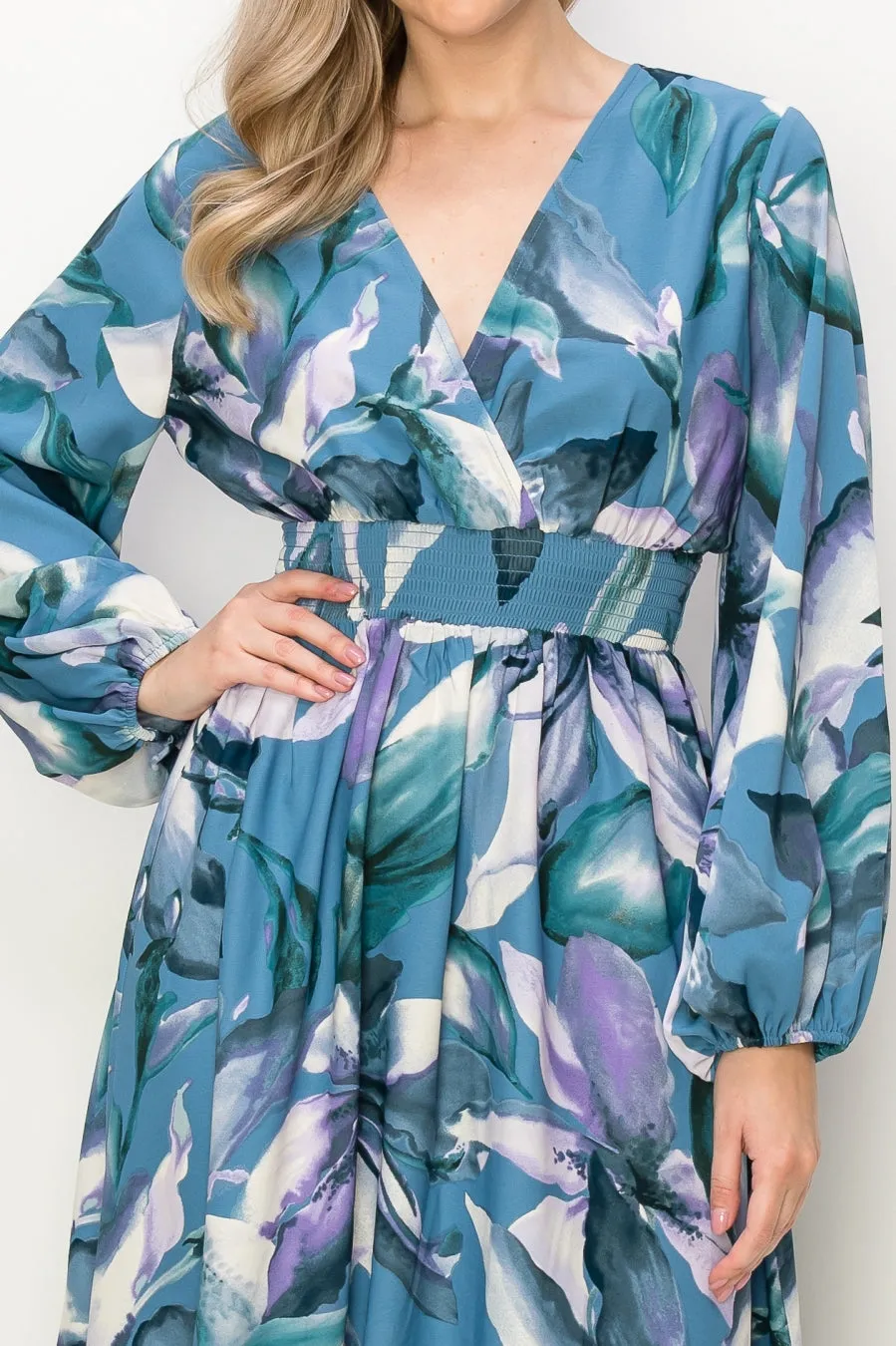 OL24A140-LONG SLEEVE STRETCH WAIST MAXI DRESS
