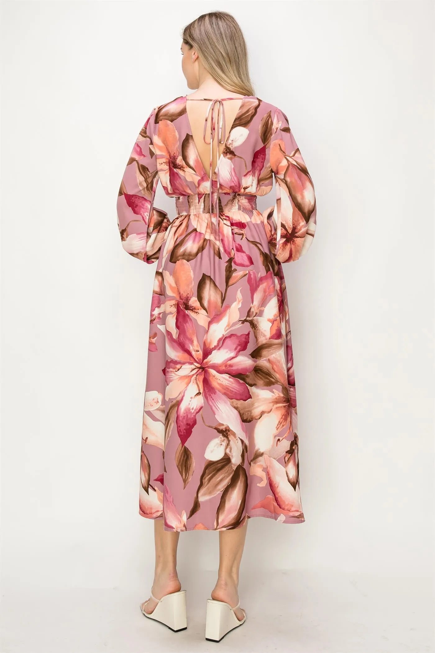 OL24A140-LONG SLEEVE STRETCH WAIST MAXI DRESS