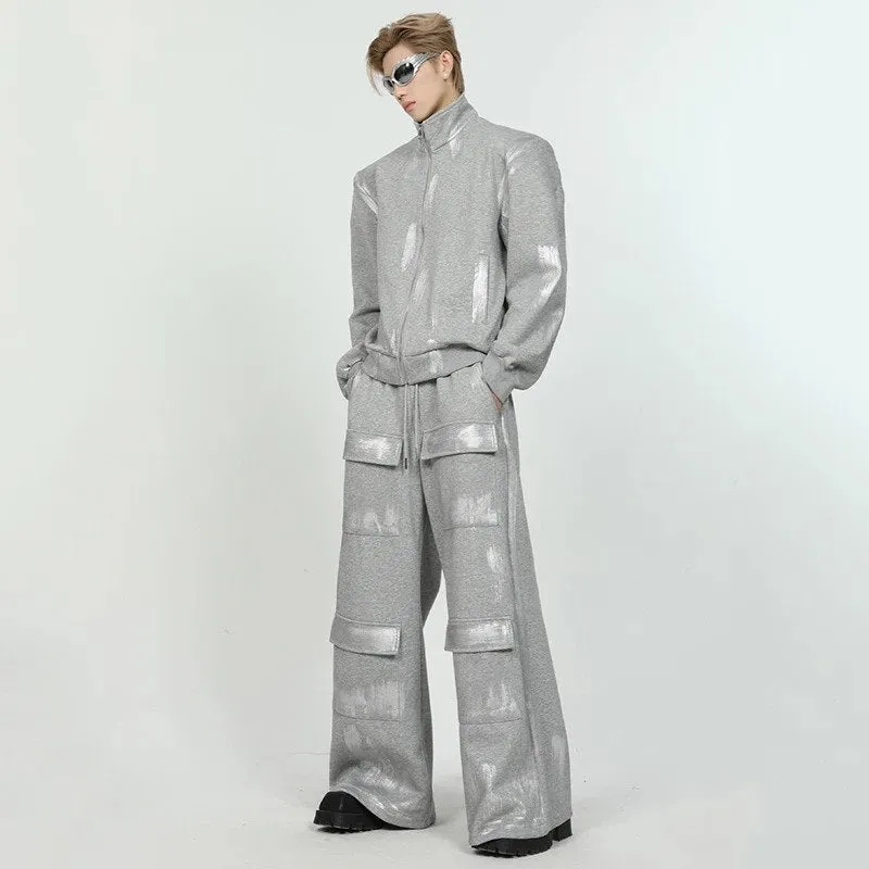 Printing Stand Collar Zipper Pants Set