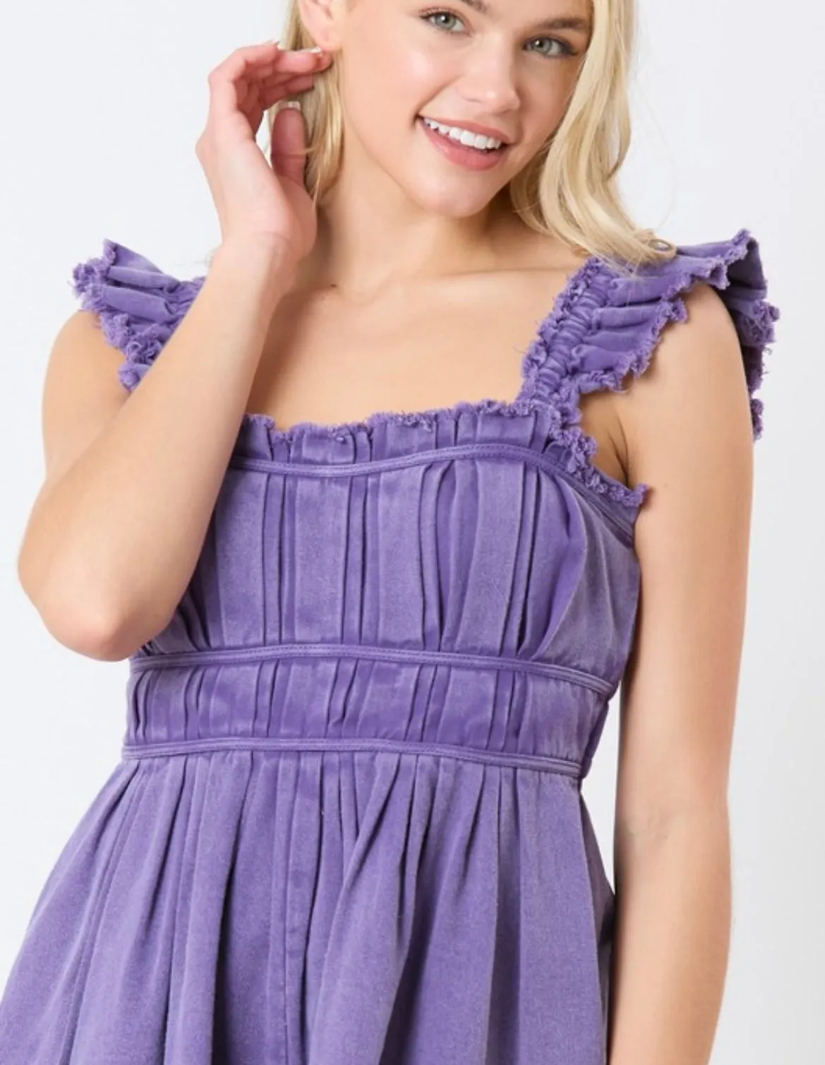 purple Denim Raw Hem Romper