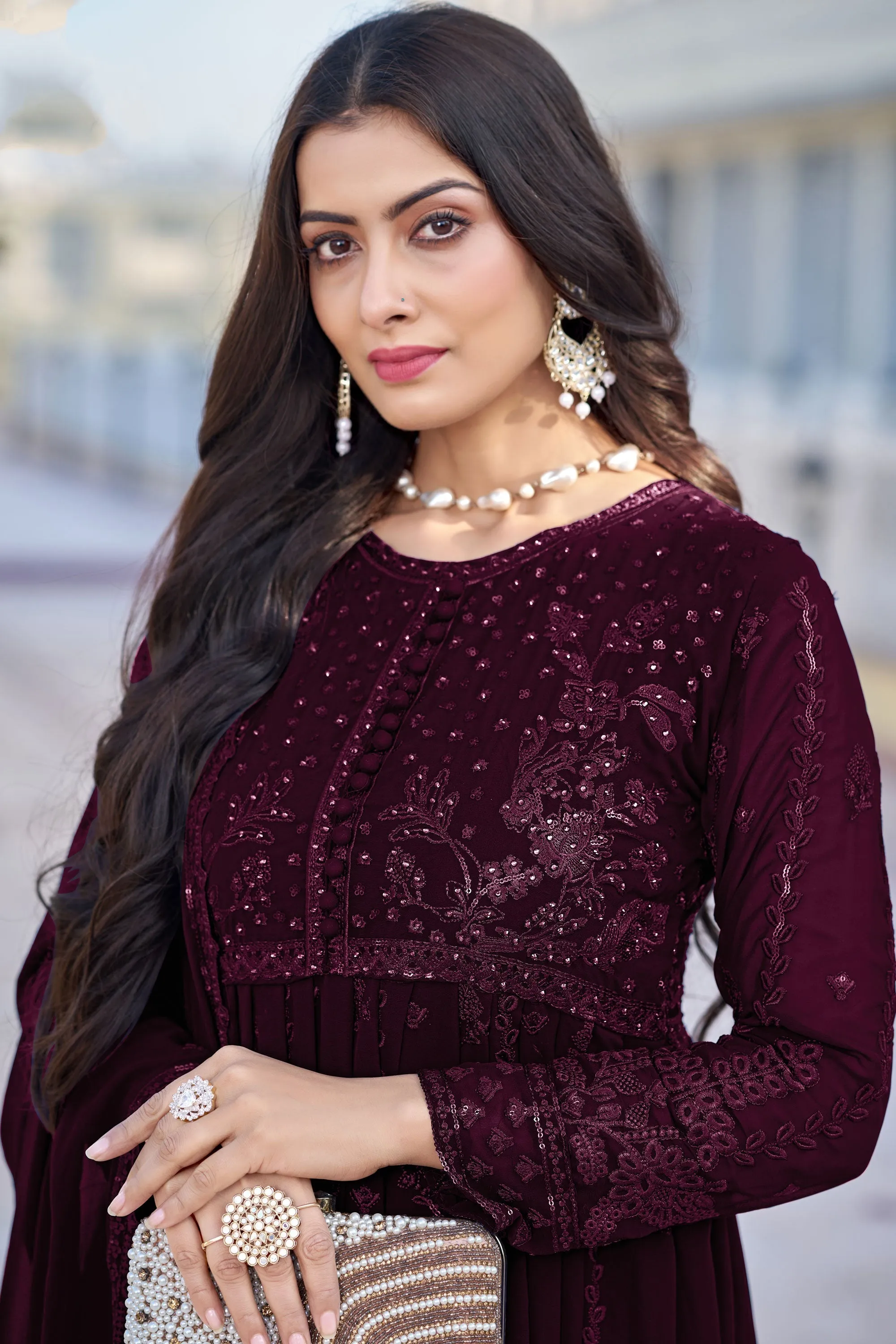 Radiant Wine Color Georgette Fabric Embroidered Anarkali Suit