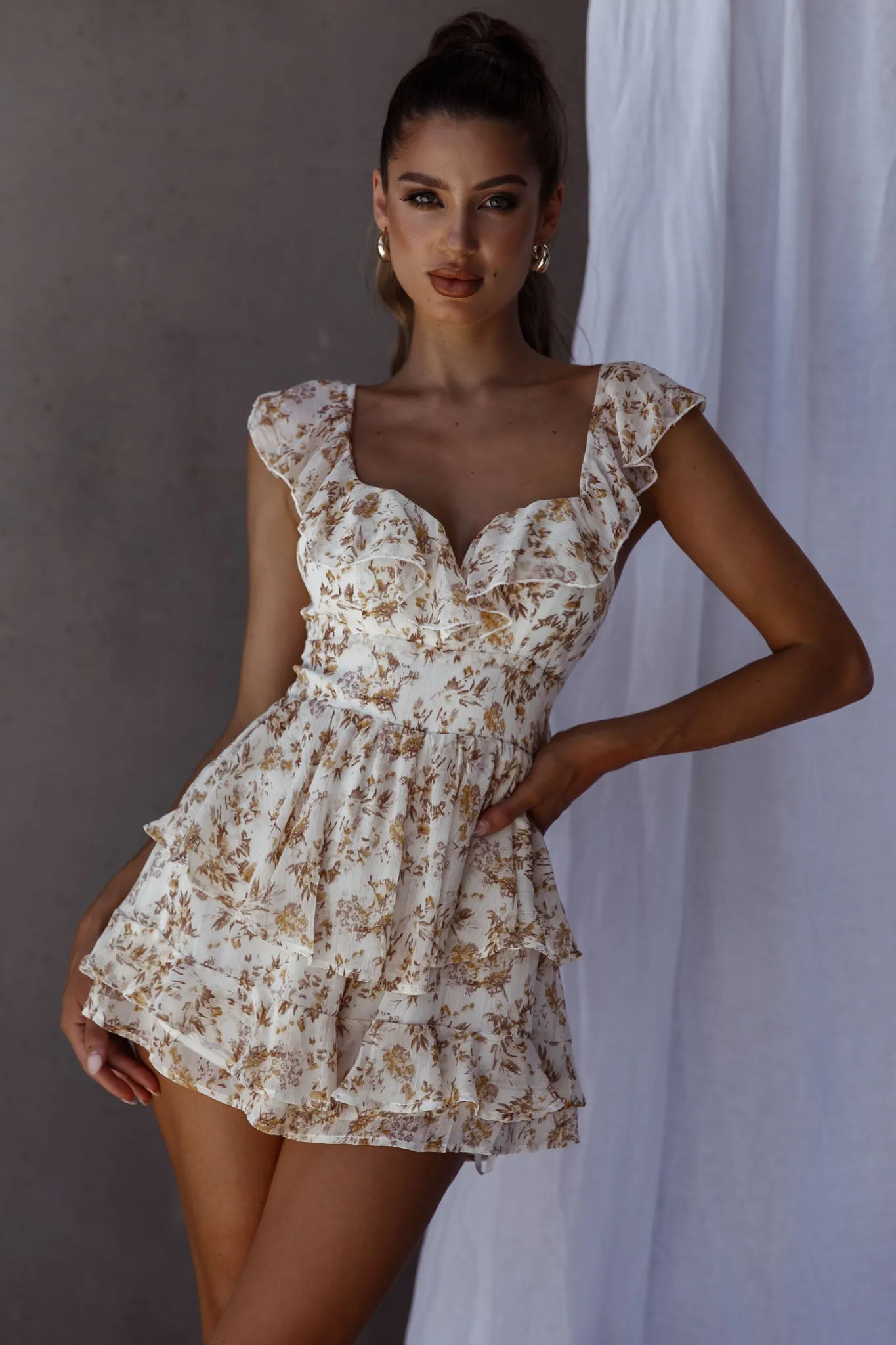 Revel Ruffle Trim Tied Back Romper Floral Yellow