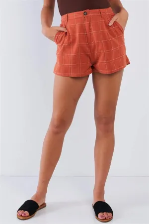 Rust High Waisted Plaid Relaxed Fit Mini Shorts