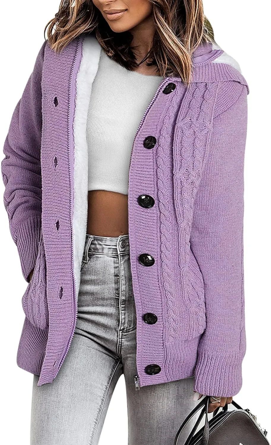 Sidefeel Women Hooded Knit Cardigans Button Cable Sweater Coat