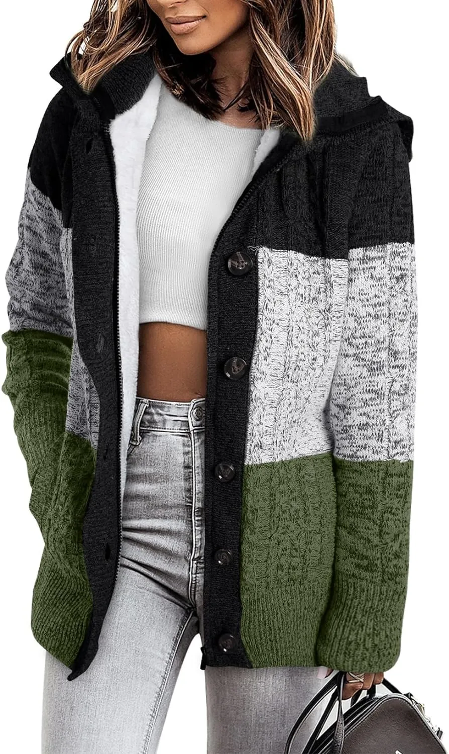 Sidefeel Women Hooded Knit Cardigans Button Cable Sweater Coat