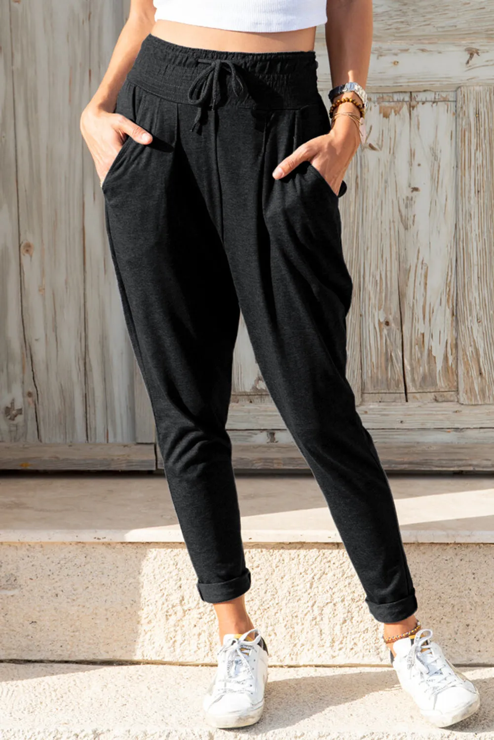 Smocked Elastic Waist Pocketed Harem Pants