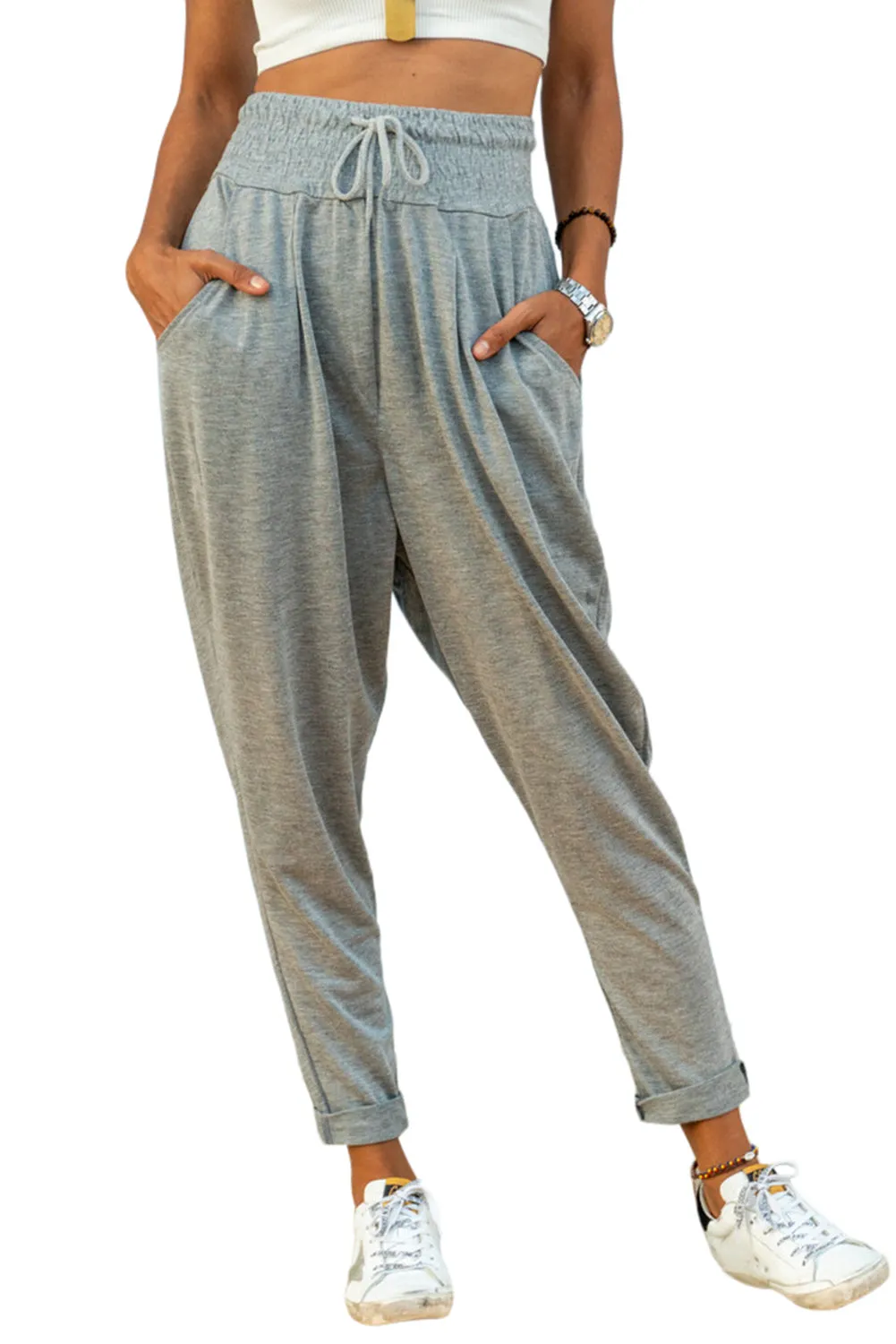 Smocked Elastic Waist Pocketed Harem Pants