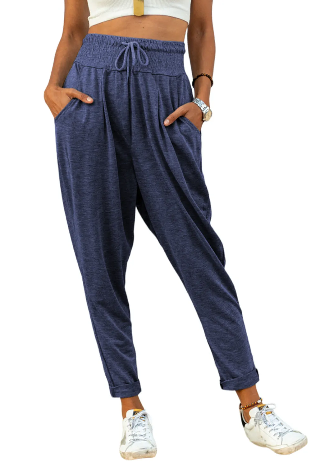 Smocked Elastic Waist Pocketed Harem Pants
